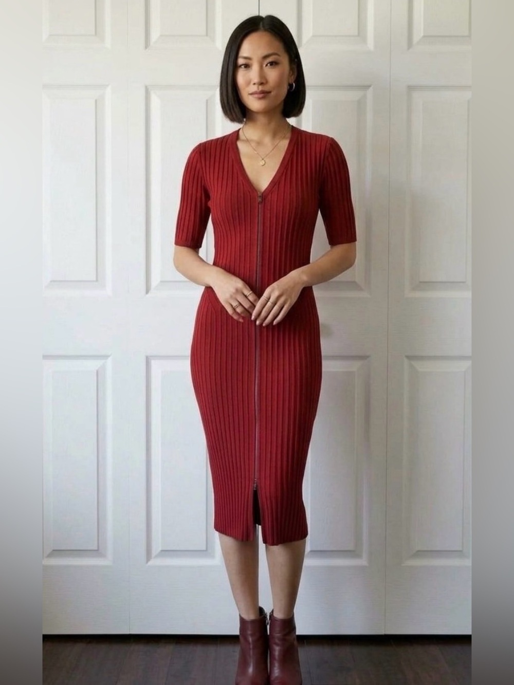 233 NWT DKNY Ribbed Zip-Front Midi Dress in Merlot